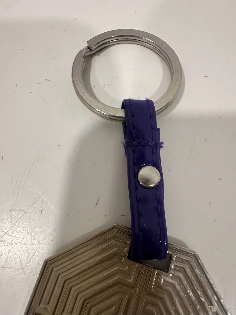 Versace Style Greco Key Engraved Key Chain on Purple Patent Leather Tab
